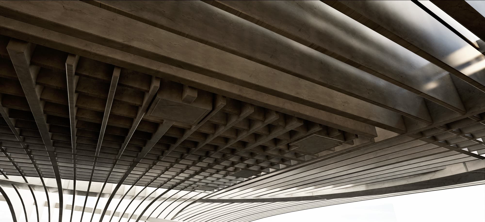 The underside of a concrete flyover, ribbed beams and columns fanning away into bright sky