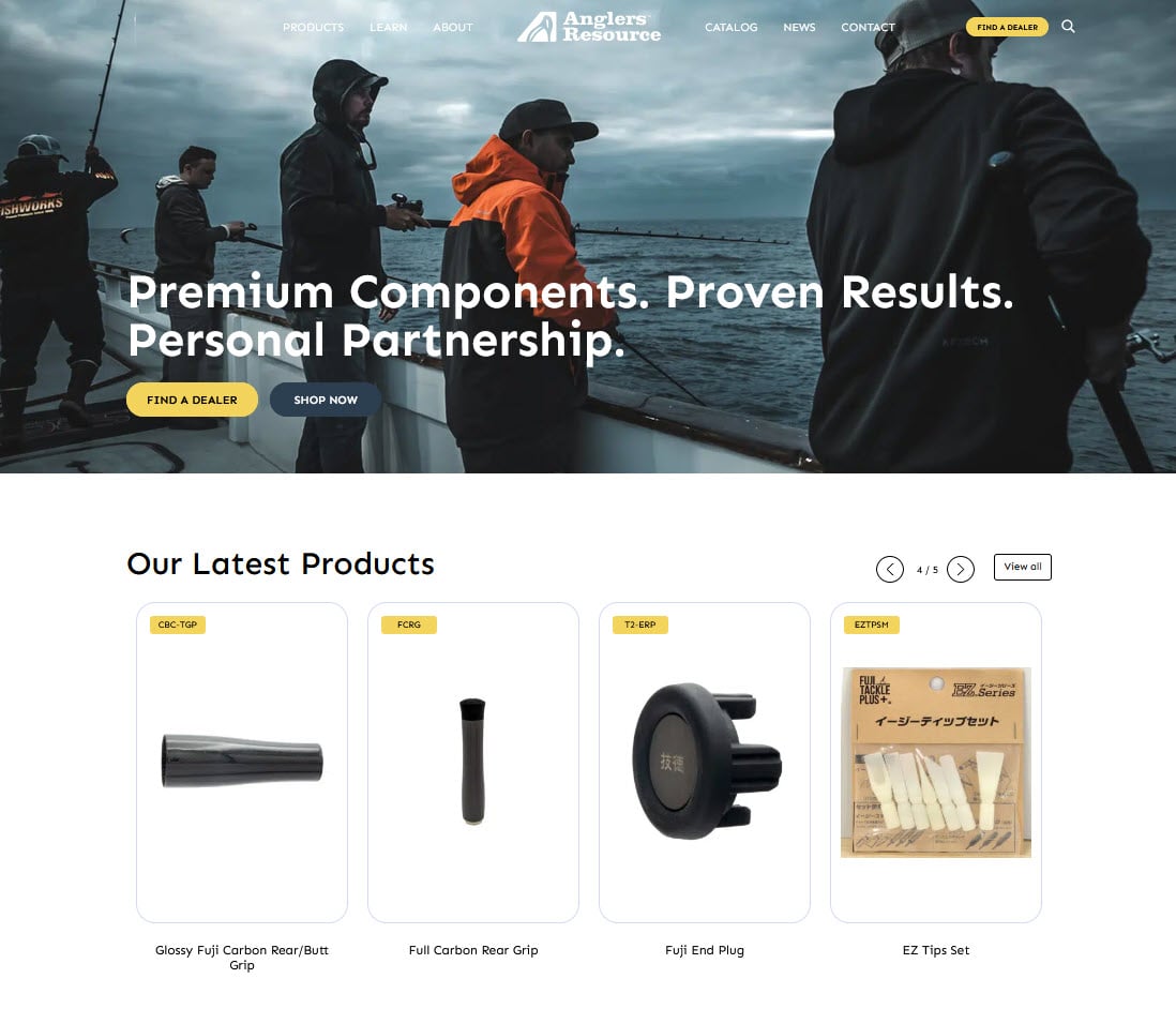 Anglers Resource homepage: Premium Components. Proven Results. Personal Partnership., over anglers at sea, with latest product cards below