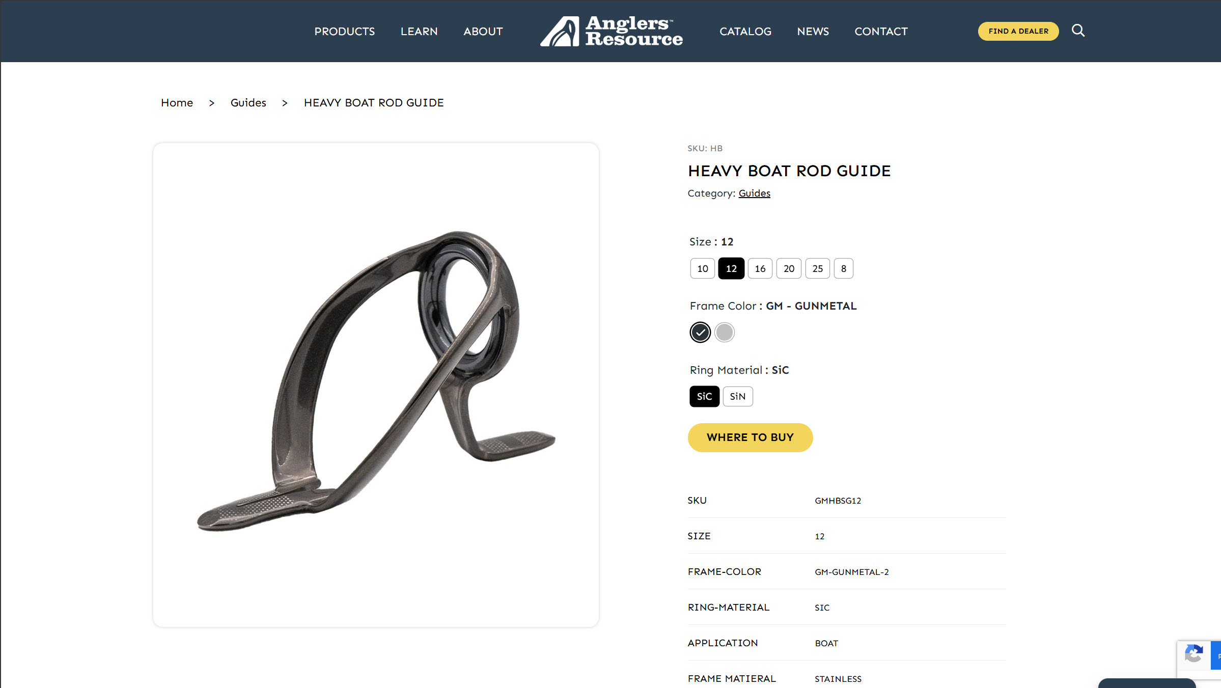 Anglers Resource product page. Heavy Boat Rod Guide with size, frame, and material variants