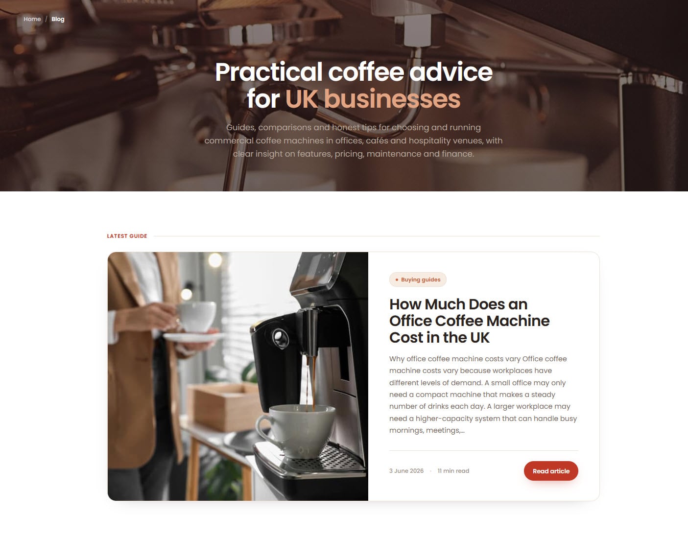 Coffee Lady blog hub, practical coffee advice for UK businesses, with a buying guide on office coffee machine costs