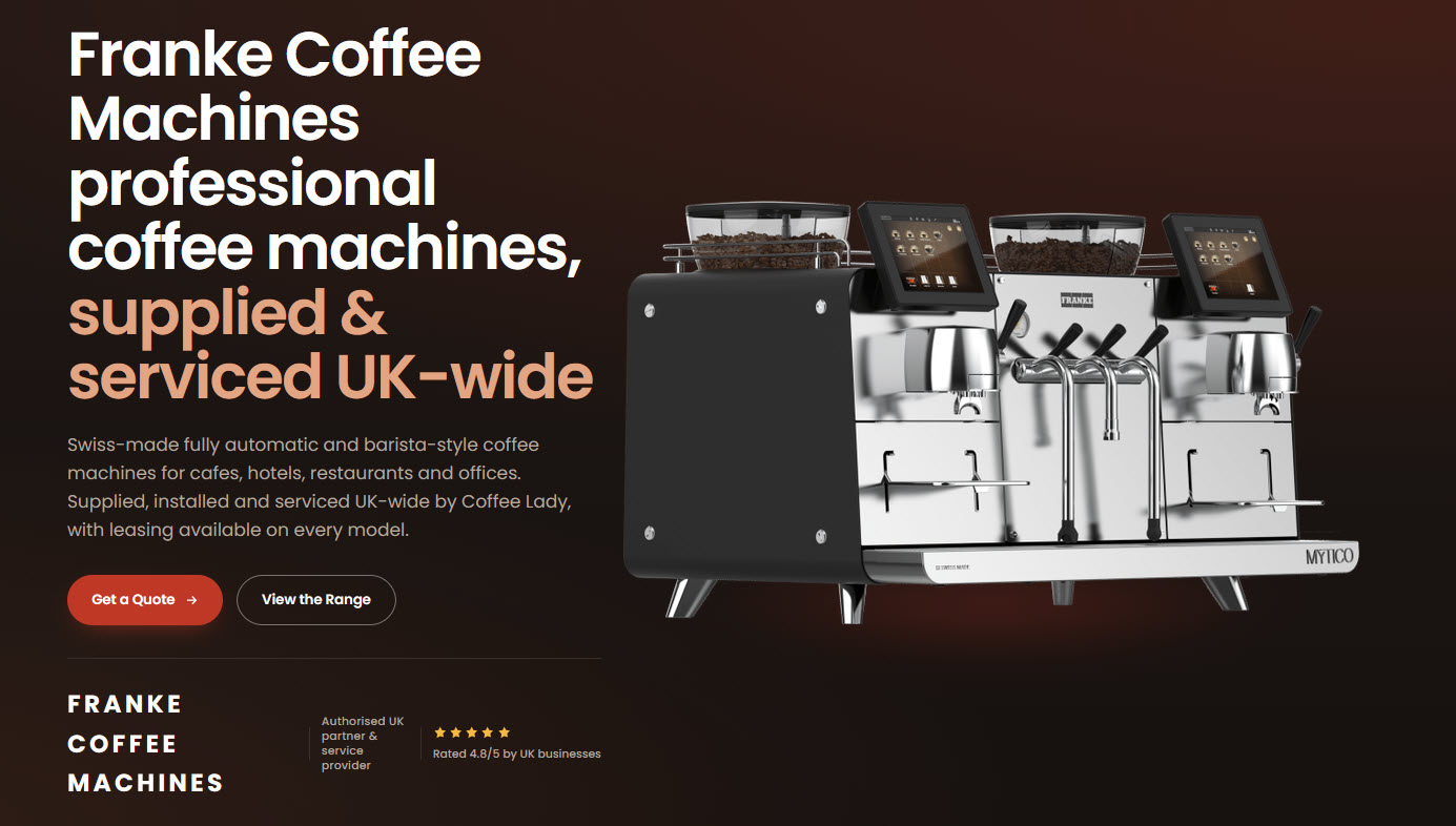 Coffee Lady Franke brand page: professional coffee machines supplied and serviced UK-wide, authorised UK partner and service provider, rated 4.8 out of 5