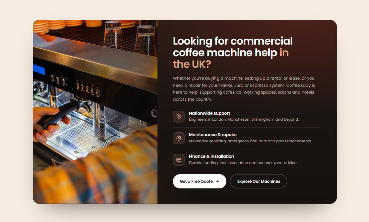 Call-to-action card for commercial coffee machine help in the UK, listing nationwide support, maintenance and repairs, and finance and installation