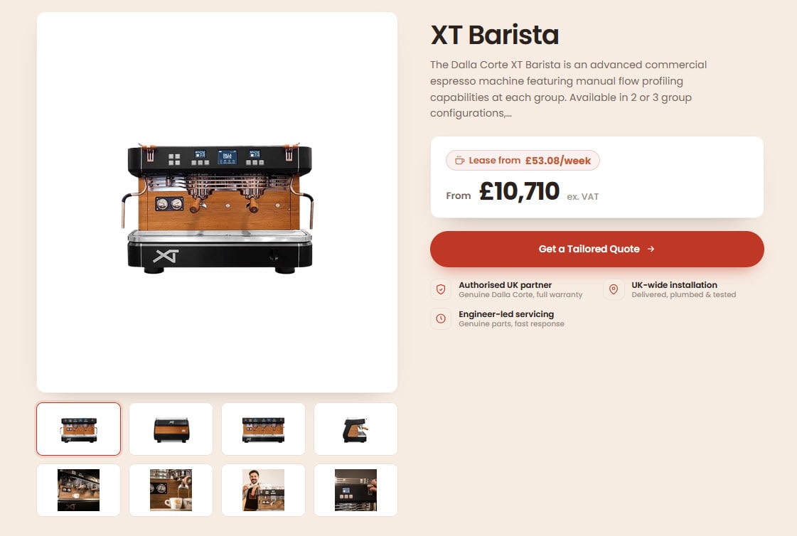 XT Barista product page with lease-from pricing, tailored quote button, and authorised partner, installation and servicing reassurance rows
