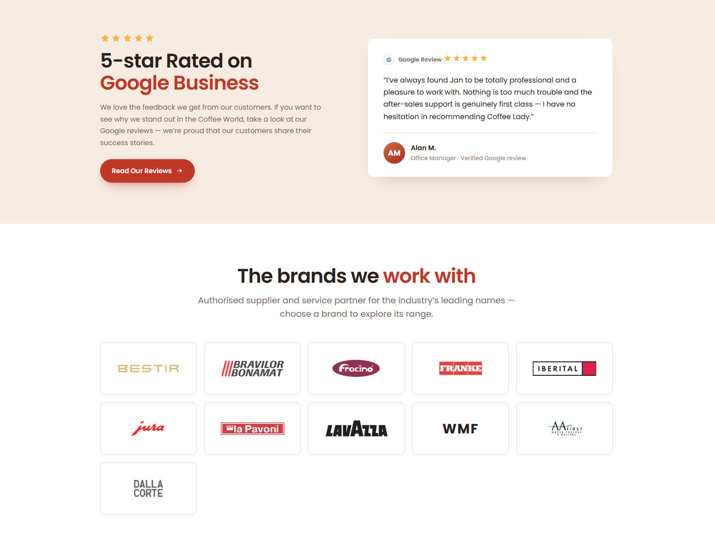 Five-star Google Business rating with a verified customer review, above a wall of supplier brand logos including Franke, Jura and La Pavoni