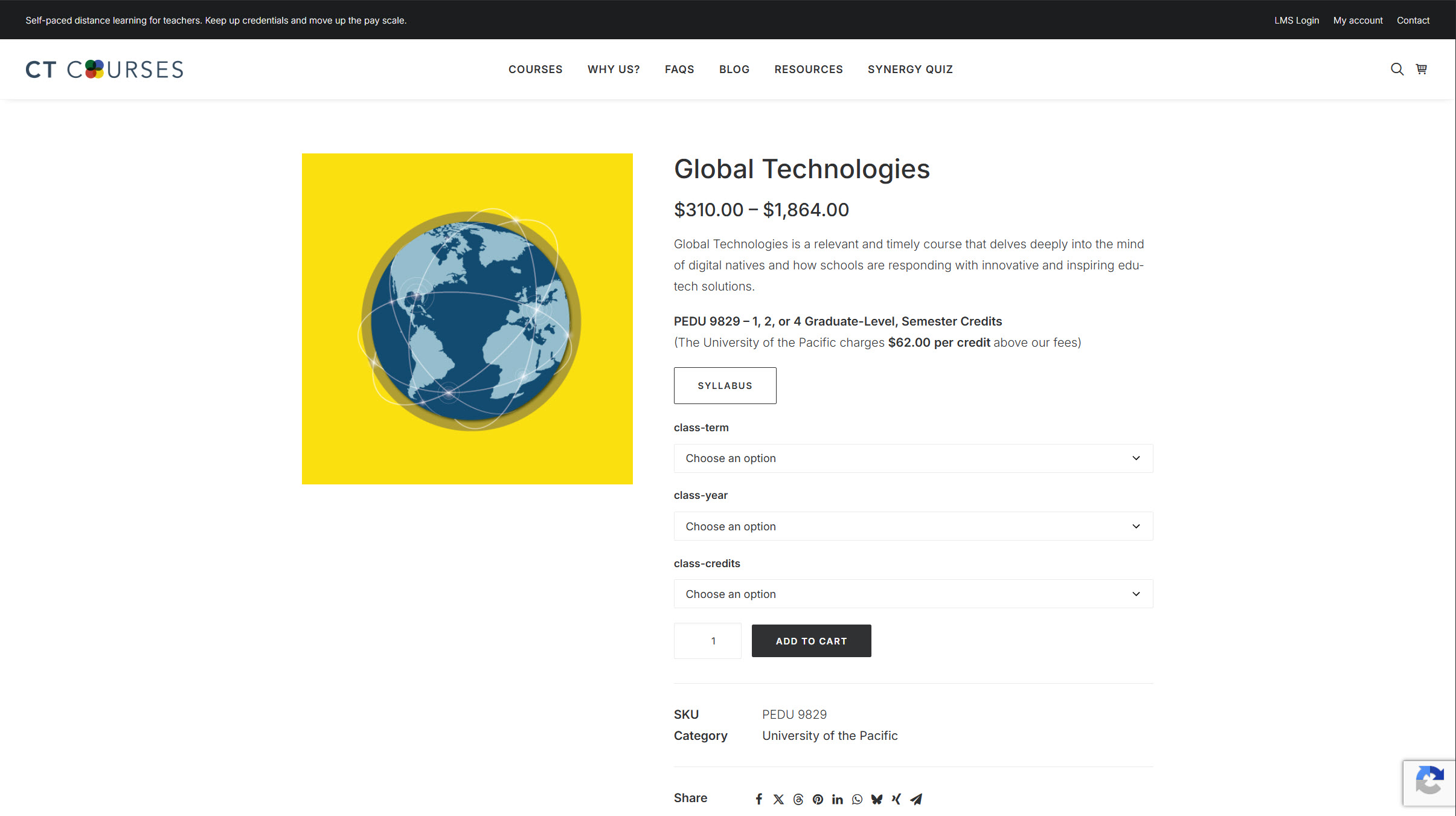CT Courses Global Technologies course detail. Pricing, syllabus, term and credit selectors