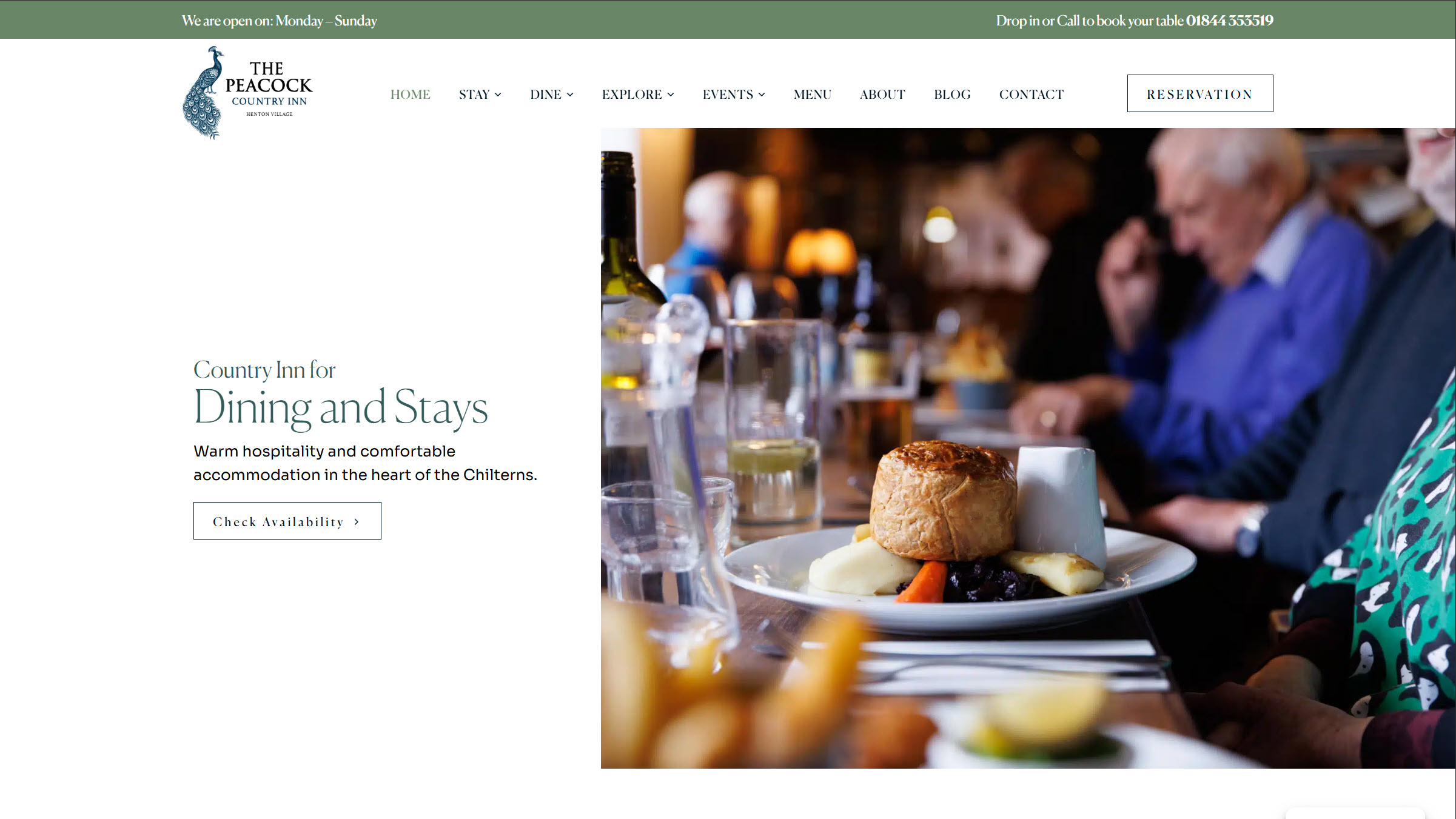 The Peacock Country Inn homepage hero. Country Inn for Dining and Stays, with a plated pie in the dining room