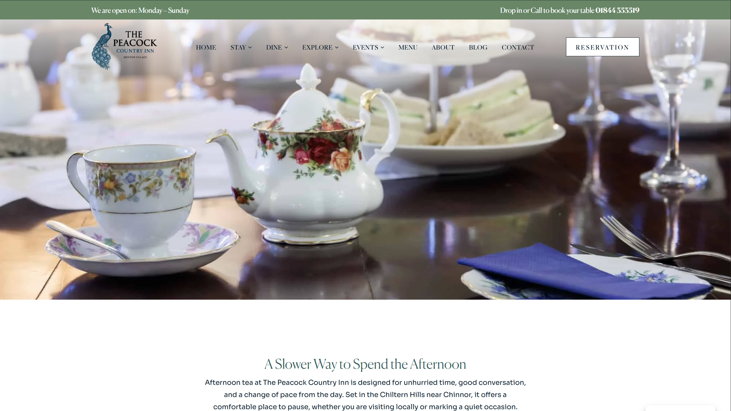 The Peacock Country Inn afternoon tea page. Vintage china teapot and afternoon tea spread