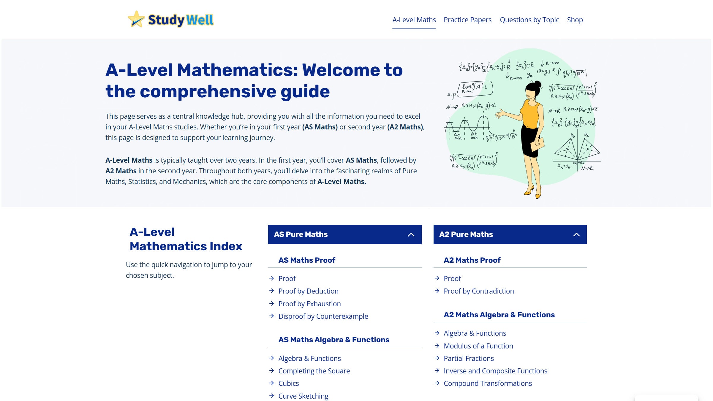 Studywell A-Level Mathematics comprehensive guide — central knowledge hub with AS Pure Maths and A2 Pure Maths indices