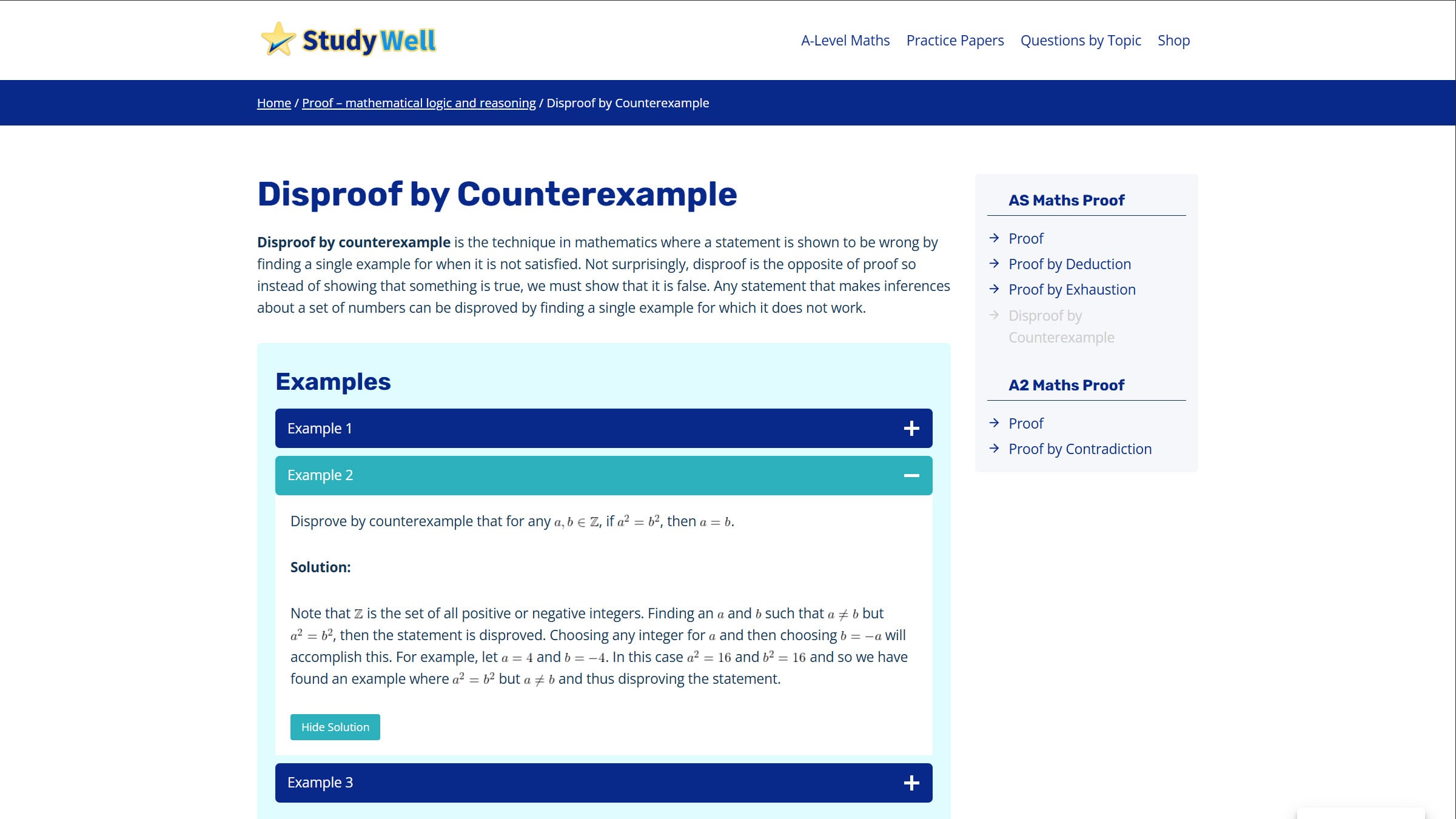 Studywell Disproof by Counterexample page — rendered math notation, interactive examples, and structured navigation