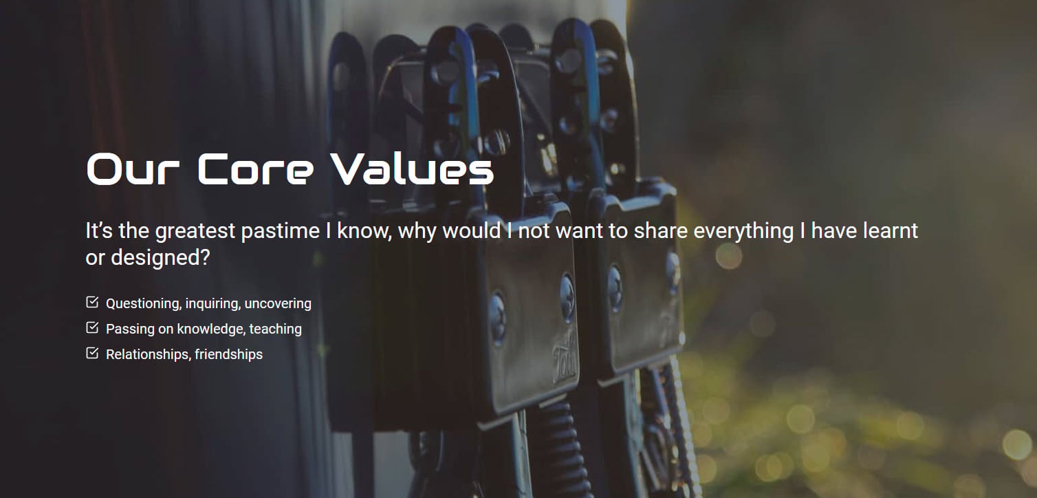 Toit core values band over a product photograph: questioning and uncovering, passing on knowledge, relationships and friendships