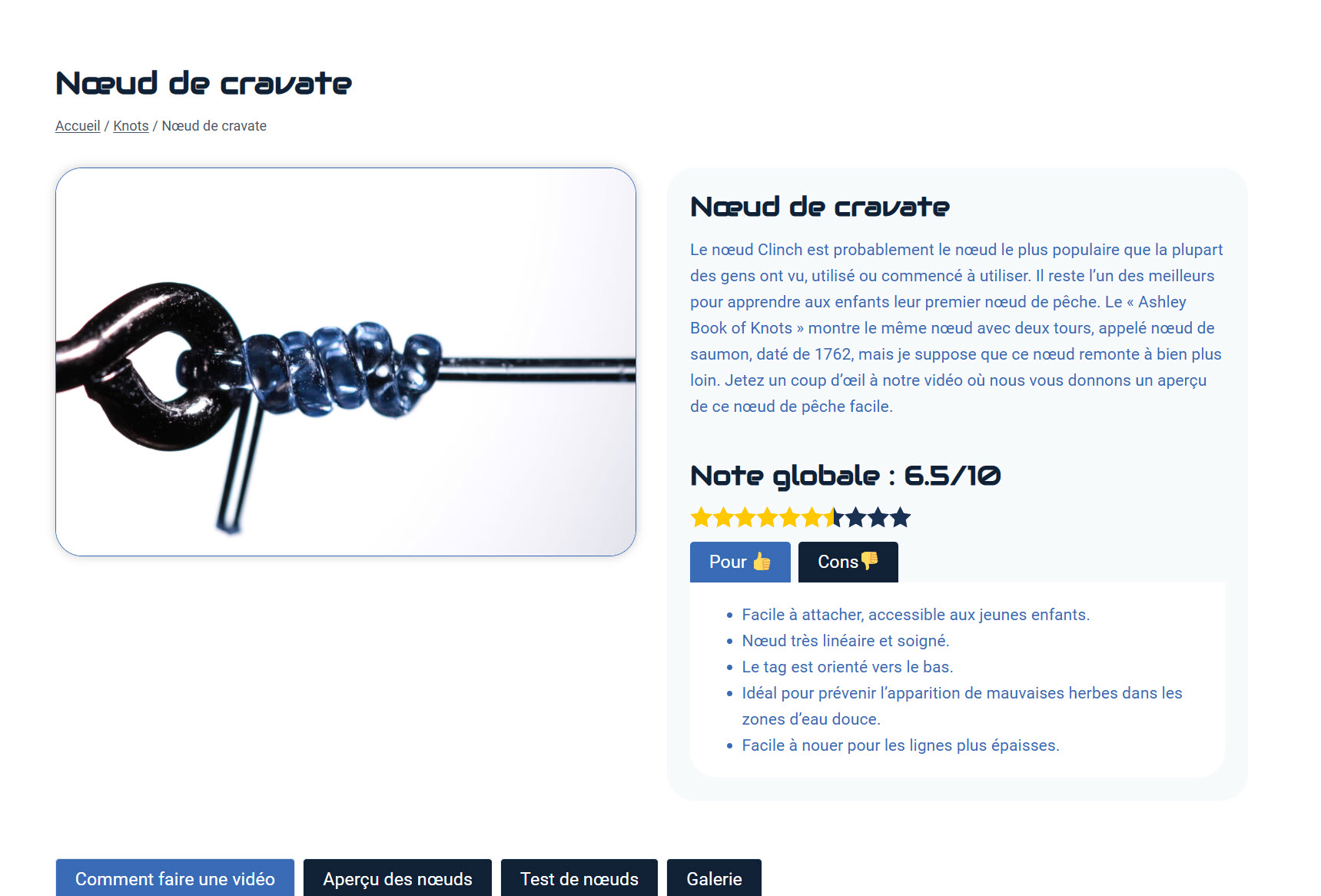 Toit Fishing knots library. Nœud de cravate page rendered in French with rating, pros and cons