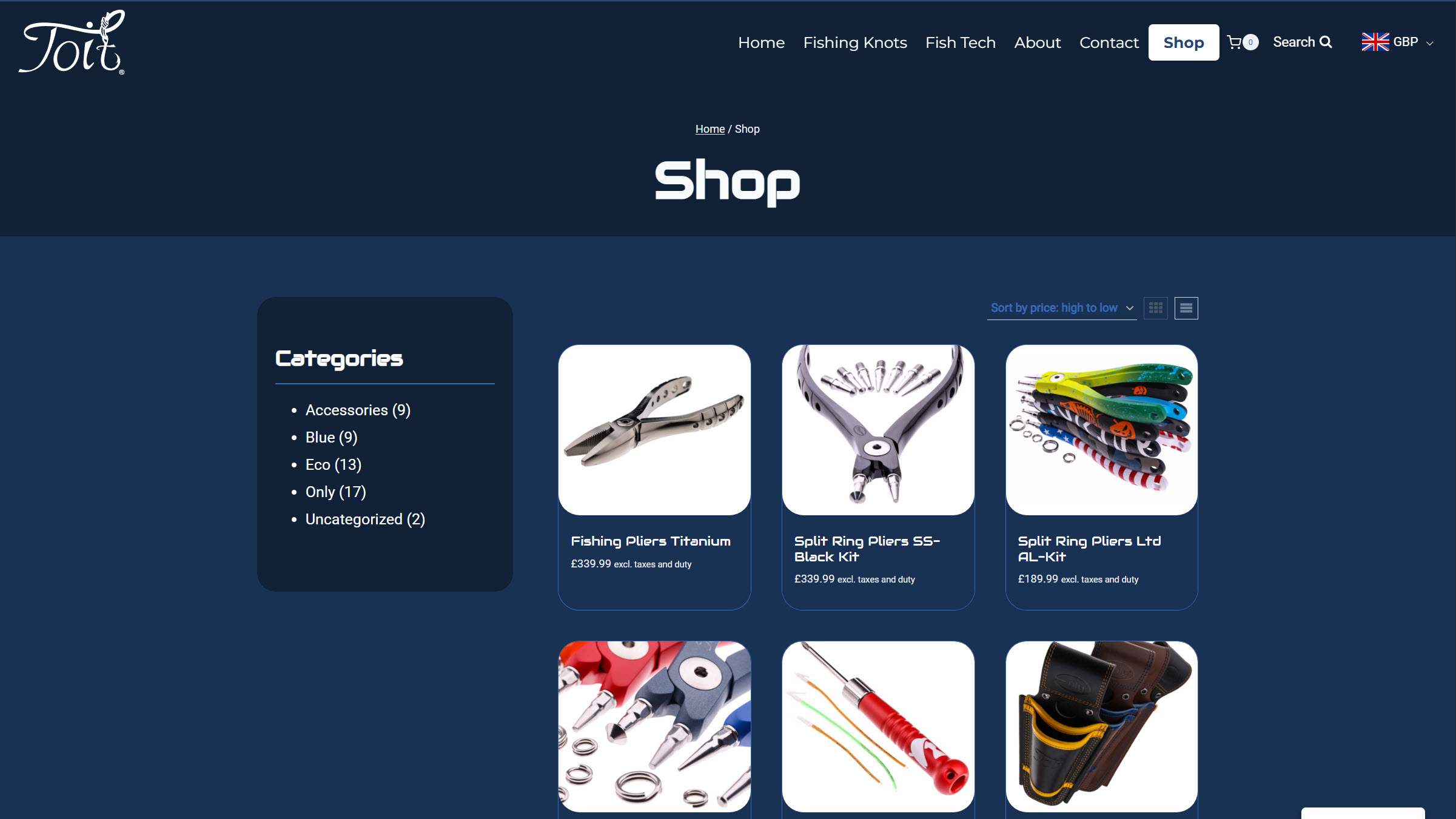 Toit Fishing shop page. Premium pliers and rigging tools with multi-currency pricing