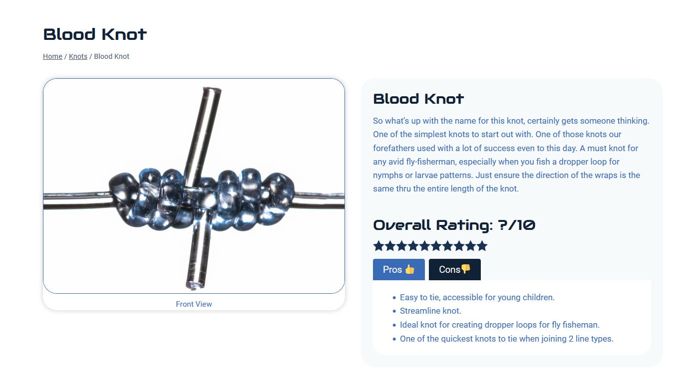 Toit Fishing knots library, Blood Knot page: structured entry with front-view photograph, rating, and pros list