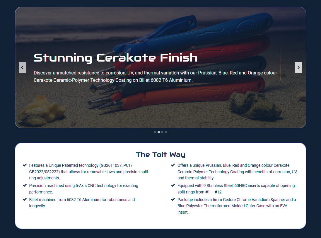 Toit product page detail: Cerakote ceramic-polymer finish carousel above The Toit Way specification panel listing patented technology and CNC machining