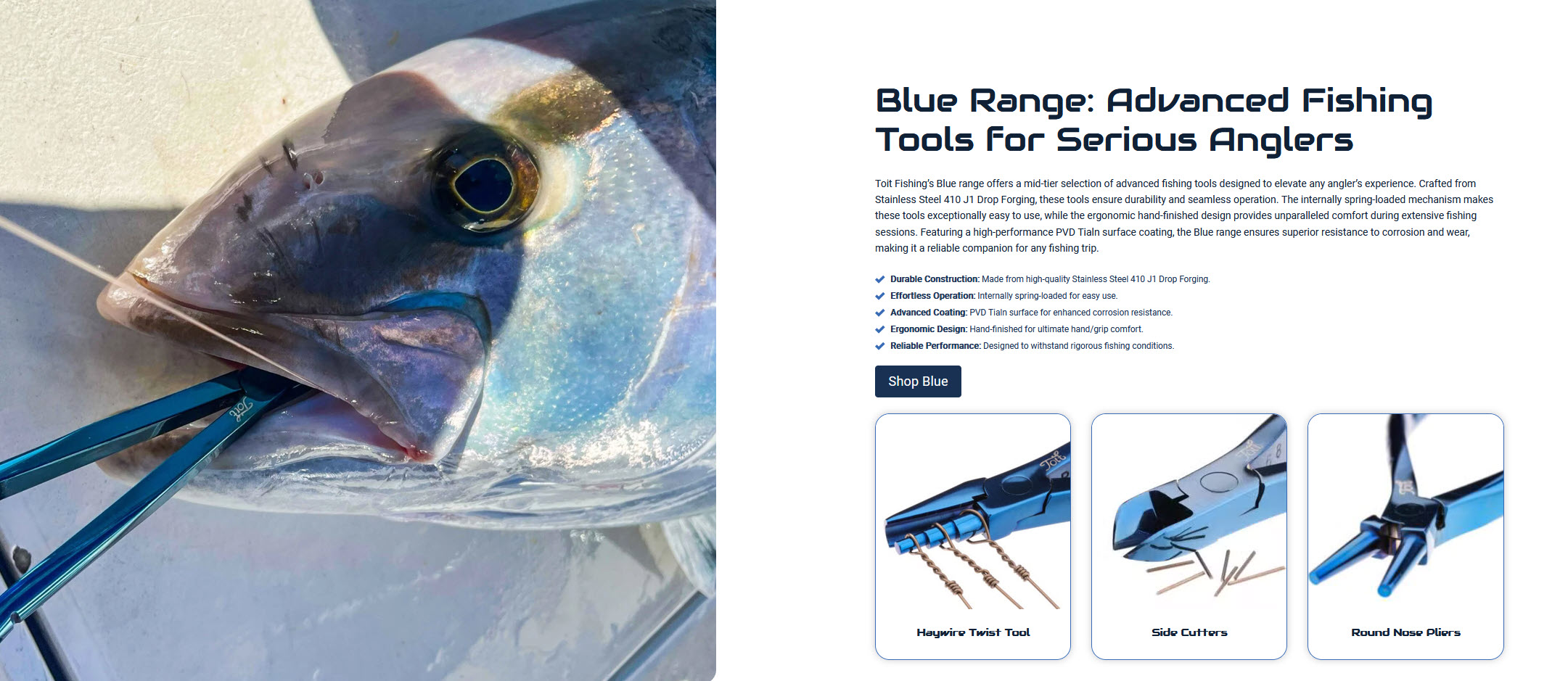 Toit Blue range landing page: advanced fishing tools for serious anglers, with a caught fish photograph and haywire twist tool, side cutters and round nose pliers product cards