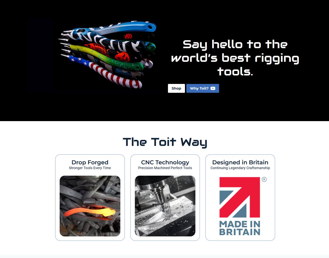 A Toit Fishing brand page showing coloured rigging tools on black above three feature panels