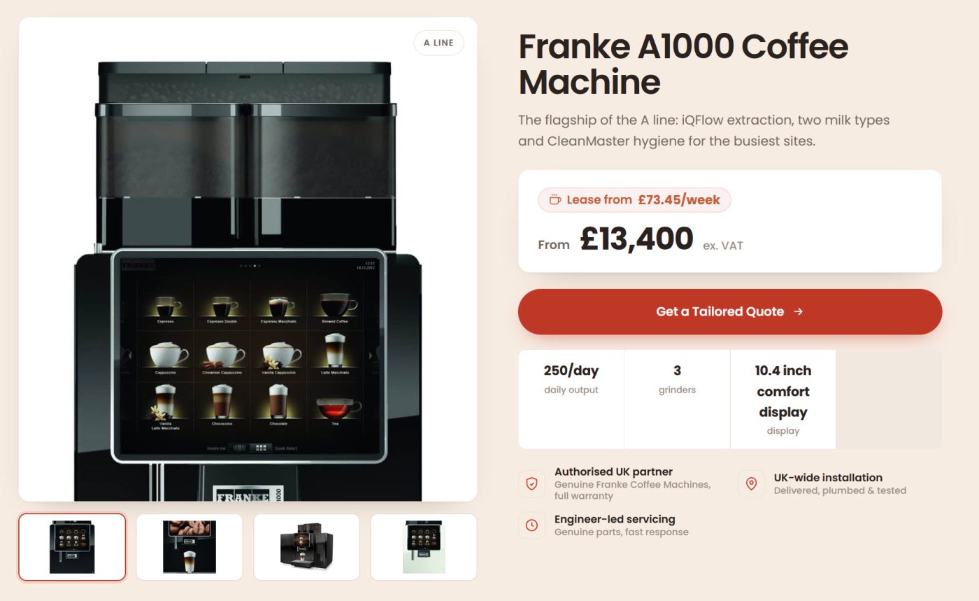 A Coffee Lady product page for the Franke A1000 coffee machine, with specification tiles, a price and a quote button