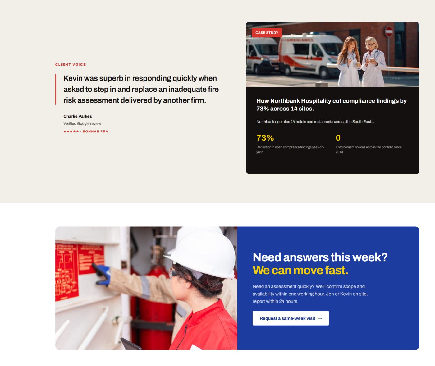 A ClearFire page combining a client quote, two statistic cards and a call-to-action band