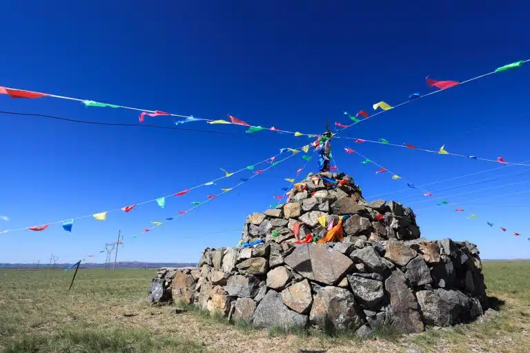 A waymarking cairn hung with flags in a grassy field