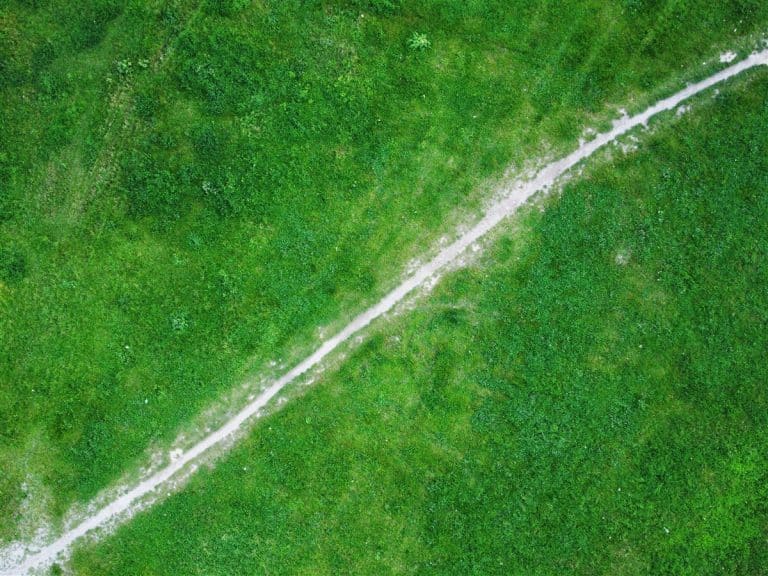 A single worn footpath cutting diagonally across a green field, seen from above