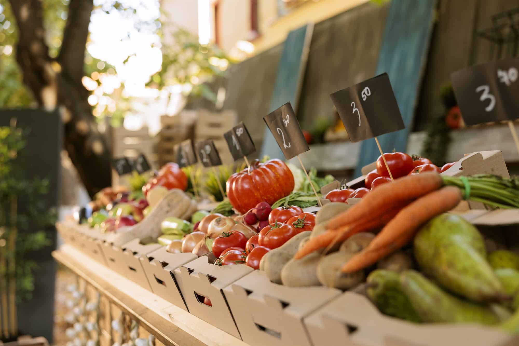 Local produce arranged on a farmers market stand