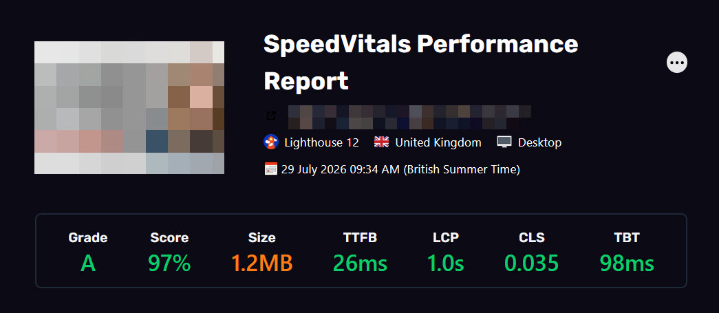 The same report after the work: grade A, performance score 97%, page size 1.2MB, server response 26 milliseconds, largest contentful paint 1.0 second.